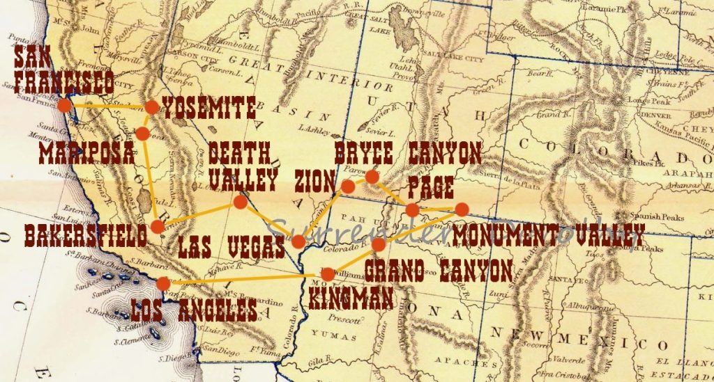 mappa dell'itinerario di 15 giorni negli stati uniti occidentali west coast